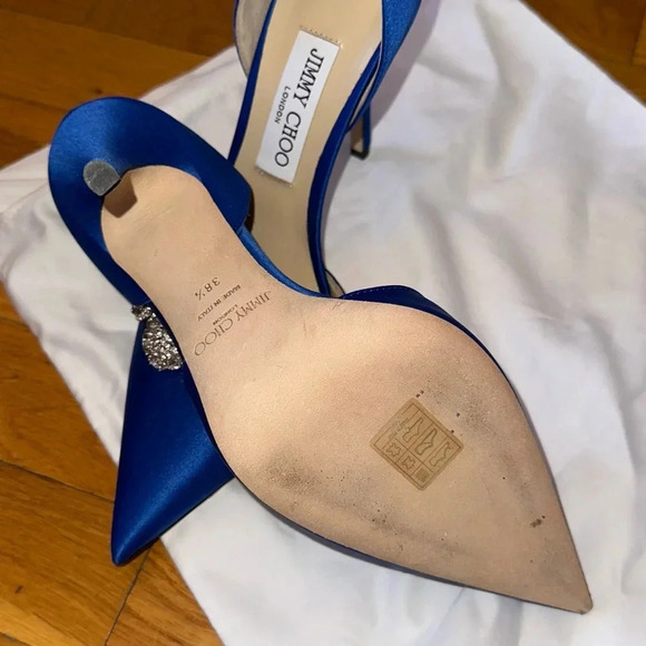 Jimmy Choo Blue Satin Crystal Embellished D'ORSAY Heels Pump US 8.5 / 38.5 - Picture 3 of 6